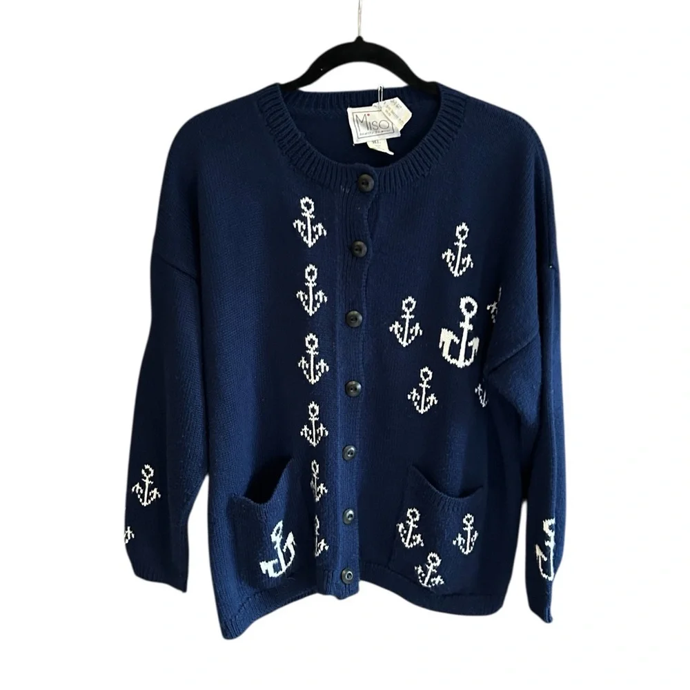 VINTAGE 90s MISO: Healthy to Wear Cotton Nautical Cardigan Sweater Navy M-L - Picture 1 of 9